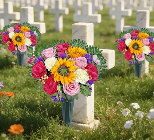 Artificial Cemetery Flowers for Grave Vase - Gravesite Flowers,Headstone Decorations with Sunflower Rose Hibiscus Daisy Mix Bouquet