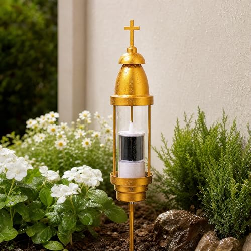 Cemetery Solar Lights with Cross & Solar Candle, Waterproof Dual Mount