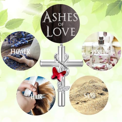 Cross Urn Necklace for Ashes 925 Sterling Silver Cremation Jewelry with Funnel Filler Kit Ashes Necklace for Human Women Girl Pets - color: A_Red Butterfly Urn Necklace, style: Personalized