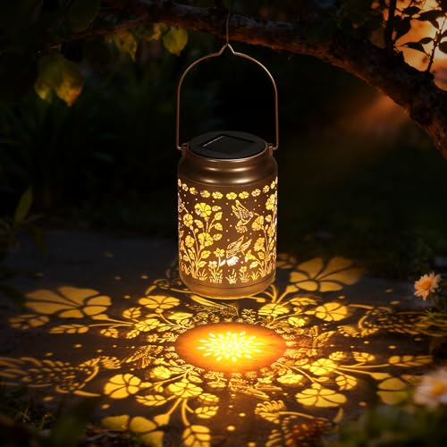 Lyeasw Garden Decor Hummingbird Solar Lanterns, 7 Inches Waterproof Hanging Lights for Outside, Metal Outdoor Decorations for Patio, Yard, Pathway, Birthday Gifts for Women(Bronze) - style: Hummingbird