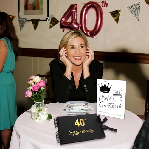 AmazingSpark Birthday Guest Book Set Memory Photo Guest Book Black Gold Decoration Birthday Gift for Men Women Wood Signature Photoprop Party Supply Sign Picture Album for Party Event(40th) - size: 40th