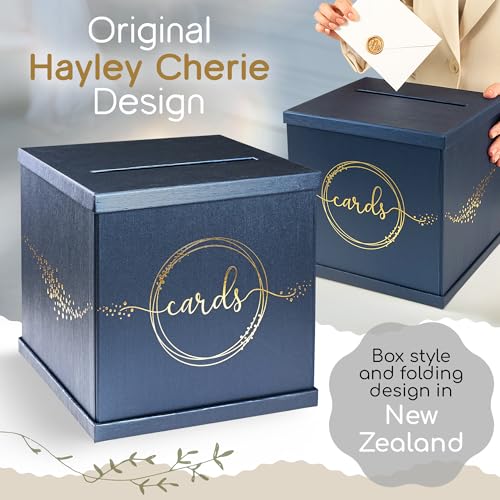 Blue & Gold Card Box, Large 10x10 Navy Gift Card Box for Party, Graduation | Wedding Reception, Bridal & Baby Shower, Sweet 16, Funeral, Birthday, Quinceanera, Retirement, Envelope Holder, Money Basket