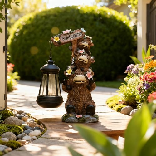 Solar Garden Statues Highland Cow Outdoor Decor Resin Highland Cow Figurine with LED Light Outside Lawn Yard Patio Balcony Gifts for Mom Women - size: 6*5*11 in