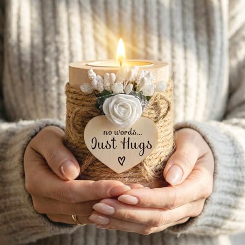 Sympathy Gifts for Loss of Loved One - No Words Just Hugs Wooden Tealight Candle Set Holder, Bereavement, Grief & Remembrance Gift for Grieving Friends Women