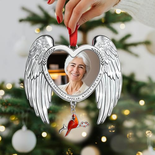 Memorial Christmas Photo Ornaments 2025 Angel Wings Sympathy Gifts for Loss of Loved One - Personalized Cardinal Picture Frame Ornament for Christmas in Heaven Tree Decor