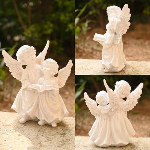 Pair of Angel Cherubs Reading Book, Resin Home Garden Decor - color: Angels