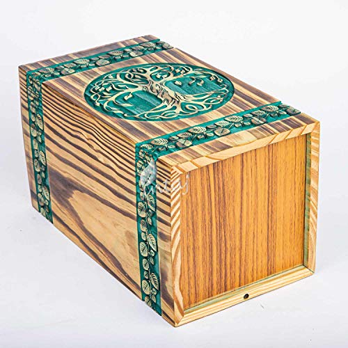 Wooden Cremation Urn for Human Ashes, 180 Cu in, Large, Teal & Gold | Hand-carved wood, teal over gold, screw-locked sliding base, engraving available, holds up to 180 lb - color: Teal & Gold, size: Medium - 9.5Hx5.5W (180 Cu/In)