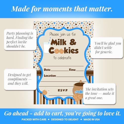 Milk and Cookies Birthday Party 20 Invitations 5"x7" Double-Sided Fill-In Cards with Envelopes, Kids Party Stationery Set, Cute Milk & Cookie Jar Theme for Boys, Made in USA by Amanda Creation - color: Milk and Cookies