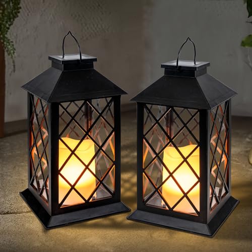 Homemory 2 Pack 13'' Black Solar Lanterns, Flickering Flame Hanging Lights - color: Black