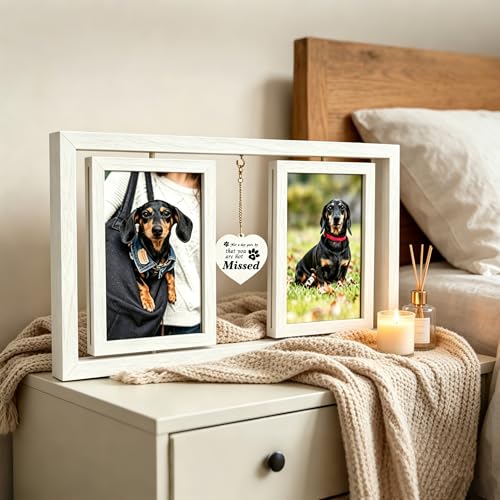 ATOBART Pet Memorial Gifts Twin Rotating Wooden Picture Frames - color: White