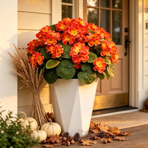 8 Bundles Artificial Geraniums, UV Resistant, Orange - color: Orange
