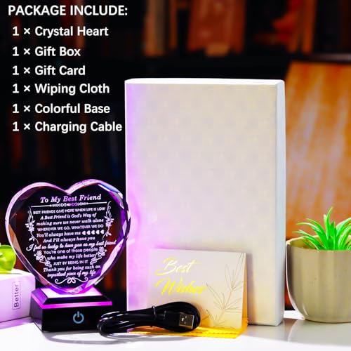 Arikyrist Best Friend Birthday Gifts with Colorful LED Base Crystal to My Best Friend Heart Gifts Friendship Gift for Women for Christmas Female Friend Gift Ideas BFF Gift for Her, Bestie Gifts - style: Best Friend Gifts 2