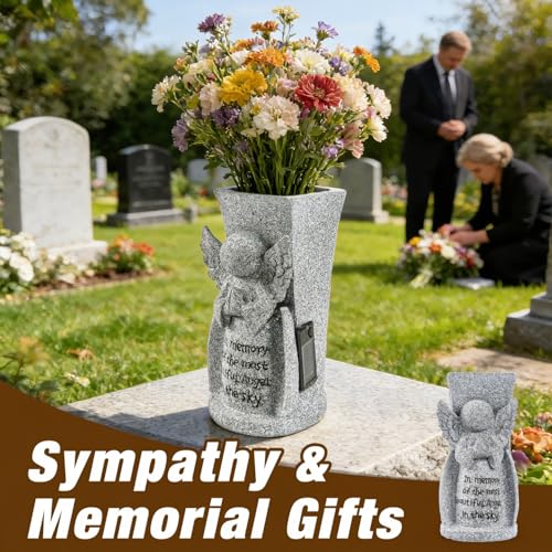 HUYIENO Solar Cemetery Flower Vase Angel Memorial Vase for Grave Outdoor Waterproof Cemetery Decorations with Metal Spikes Sympathy Loss Gift Memorial Gifts - style: Angel