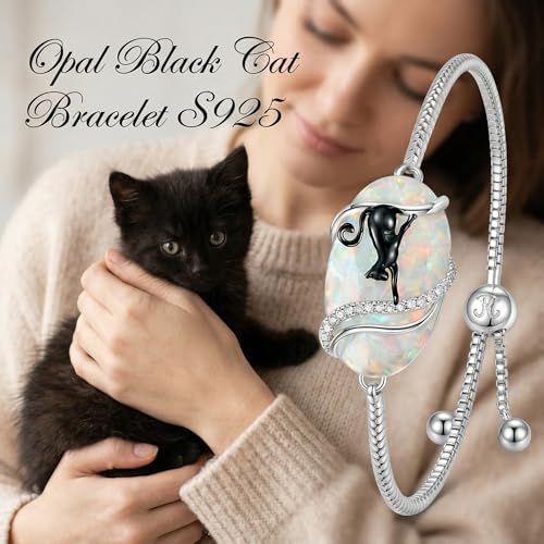 Hummingbird/Bee/Black Cat/Butterfly/Dragonfly Bracelet 925 Sterling Silver Opal Bracelet Opal Jewelry Gifts for Women Mom Wife - style: Black Cat