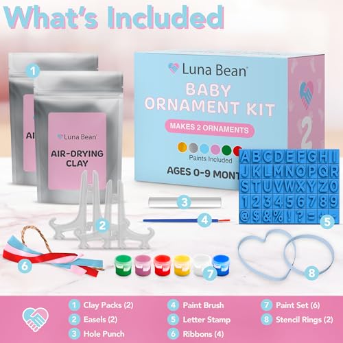 Baby Handprint Ornament Making Kit with Paint Set, Easel & Ribbons, Makes 2 | Easy-to-use air-dry clay kit - makes 2 handprint or footprint keepsakes, grandparents & holidays