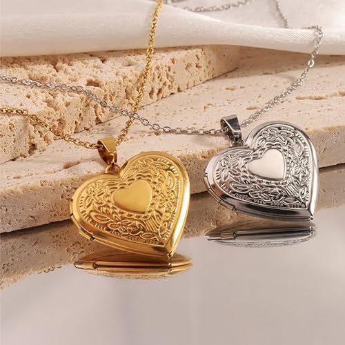 Gold Locket Necklace for Women, Vinatge Heart Oval Butterfly Angel Engraved Pendant that Holds Picture Photo Locket Memorial Necklace Personalized Jewelry Birthday Gifts - color: Heart/Silver