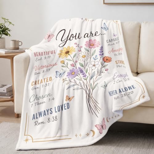 Christian Inspirational Blanket, 50×60in Soft Faith Flannel Blanket | "You Are..." with Floral Bible Verse Design Encouraging Message, Gift for Women, Mom, Daughter, Birthday & Christmas - color: Christian Blanket-02