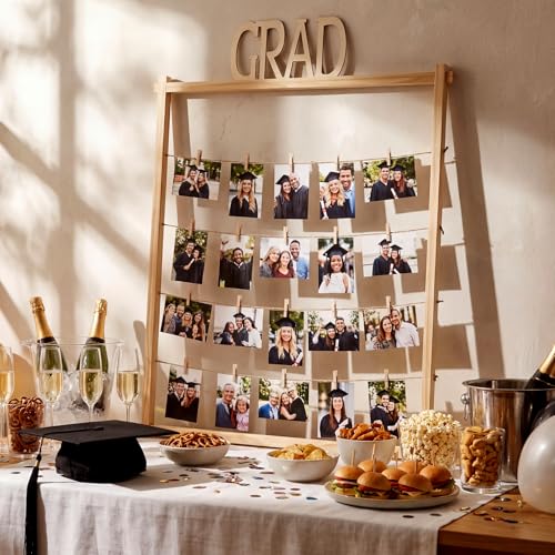 Cinnvoice Graduation Wooden Photo Display Board 30.4 x 26.5 Inch Grad Pictures Display Frame with 24 Clips Large Pictures Board for Graduation Party Hanging Photos Postcards Greeting Cards