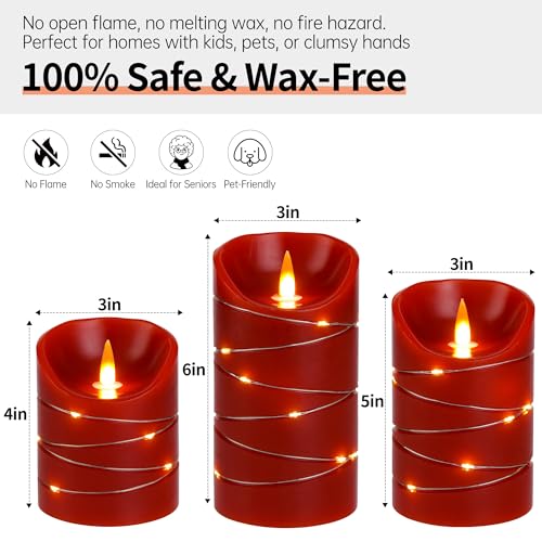 Rechargeable LED Candles, Real Wax, 4 5 6 in,Red, 3 Pack | USB Rechargeable Real Wax Candles with Remote, Timer and Star Lights - color: Red