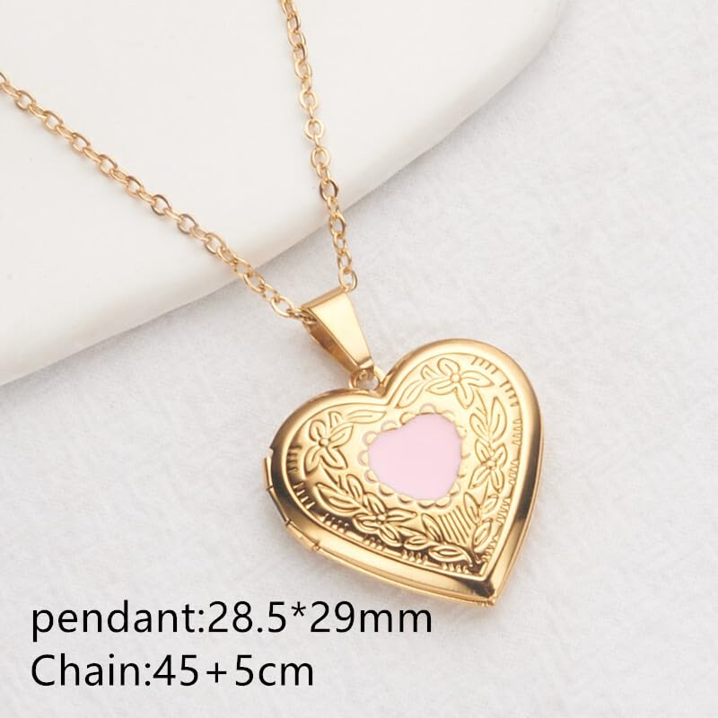 Locket Picture Pendant Heart Necklace,Retro Carved Flower Relief Pattern Oval Center Necklace Souvenir Memorial Clavicle Jewelry for Women - color: pink