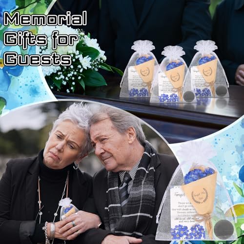 Suncalla 30 Sets Funeral Favors for Guest Forget Me Not Dried Flowers Bouquets Mini Magnet Dried Flower Bouquets with Cards and Organza Bags Celebration of Life Favors for Sympathy Gifts