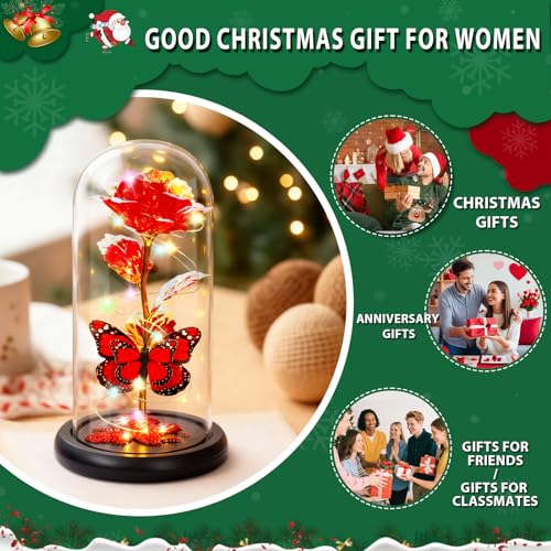 Birthday Gifts for Women Mom Galaxy Crystal Flower Red Rose in Glass Dome - color: Rose Red