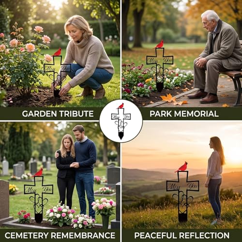 Miss You Cross with Cardinal, Metal Cemetery Memorial Plaque for Remembrance, Decorative Cemetery Stake with Heart and Cross Design, 6x12 Inch Outdoor Memorial Plaque for Graves and Gardens