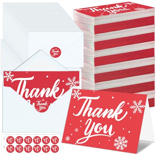 300 Pack Christmas Thank You Cards with Envelopes and Matching Stickers, 4.5x5.55 Inches Greeting Cards, Red Snowflake Thank you Cards for Xmas Wedding Graduation Business and Baby Shower - color: Red