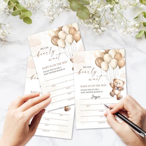 We Can Bearly Wait Baby Shower Invitations for Boys Girls, Bear Balloon Invite Cards for Baby Announcement, 25 Set of Fill-in Invites with Envelopes, Gender Reveal Party Supplies -B08 - color: Bearly-02