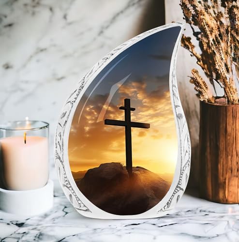 Christ Sunset Urns for Human Ashes Adult Mom - Large Funeral Urn for Human Ashes Adult Dad - Funeral Gift for Burial - 10inch & 200 Cubic Inches Capacity Include Velvet Bag - color: Christ With Sunset View