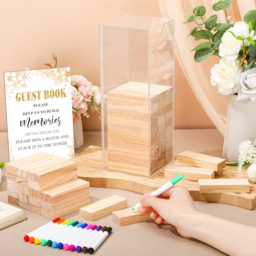 Beeveer 80 Pcs Wedding Guest Book Alternative Wooden Block Guest Book for Wedding Sign in Bridal Shower Decoration 54 Pcs Wooden Block Bridal Shower Game for Sign in, Reception(Leaves) - style: Leaves