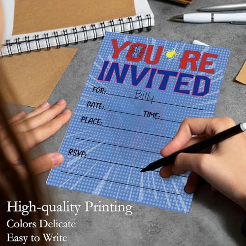 Superhero Birthday Invitations for Boys Spider Party Invites with Envelopes - color: Red Superhero