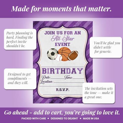 Purple All Star Sports-Themed Birthday Party Invitations for Girls, 20 5x7 Fill In Cards with Twenty White Envelopes by AmandaCreation - style: Purple All Star