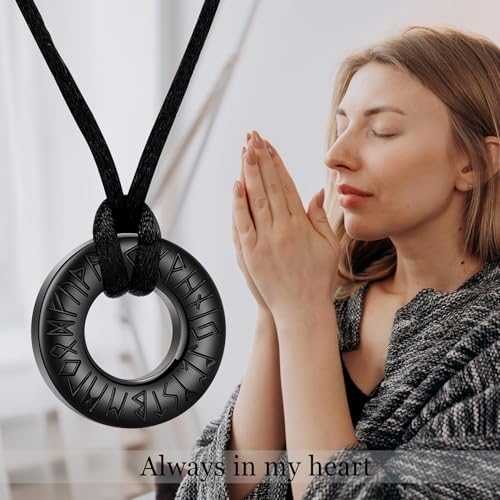 Hearbeingt Cremation Jewelry Urn Necklace for Ashes for Women Men, Circle of Life Eternity Memorial Pendant Ash Jewelry - color: Viking Rune-Black