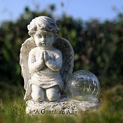 Angel Decor Praying Cherubs Statue, Garden Decor with Solar Crackle Glass Globe for Lawn Patio Decorations - style: Modern