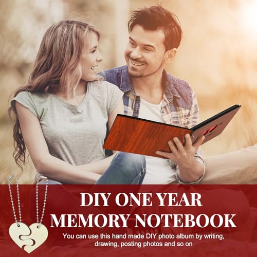Kosiz Our First Year Anniversary Scrapbook Wooden Photo Album 8.7x6.3 DIY | Black Pages with Stickers and Pens, Wooden Cover, Couples Memory Book, Wedding Gift, Anniversary Journaling Album Kit
