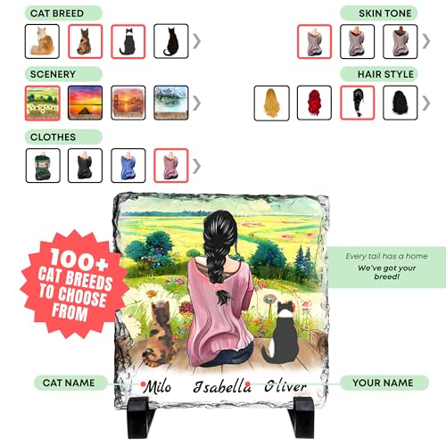 Personalized Photo Rock Slate Frame - Custom Stone Plaque Picture Frame - Cat Gift for Women - Cat Lover Gifts for Women - Birthday, Christmas, Mother’s Day - 2 Cat Mom Gifts for Mom - color: Mom-2Cat-Slate