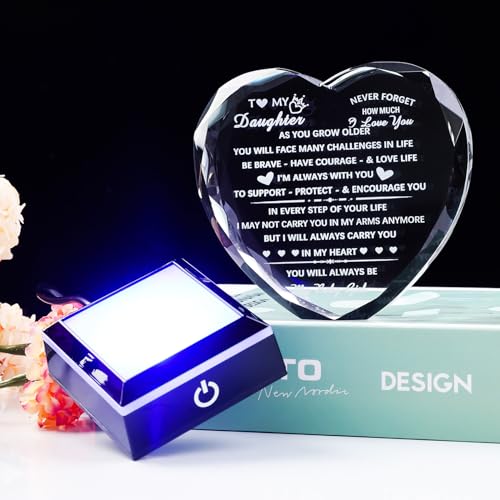YWHL Daughter Gifts from Mom Dad Birthday Gifts for Daughter Adult to My Daughter Heart Crystal Keepsake with Colorful Base Meaningful Gifts for Daughter on Christmas Graduation Valentine Day - color: Daughter Gifts+led