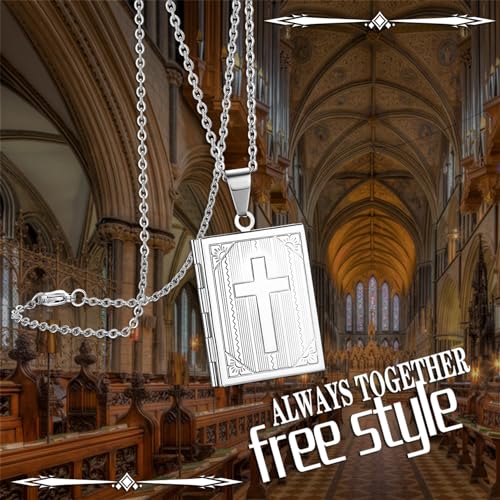 Bible Locket Cross Photo Necklace That Holds Pictures for Men Women | Stainless Steel Openable Keepsake Personalized Faith Gifts for Birthday Anniversary Christmas Memorial Day, 17.7 Inch Chain - color: Silver-Bible Cross