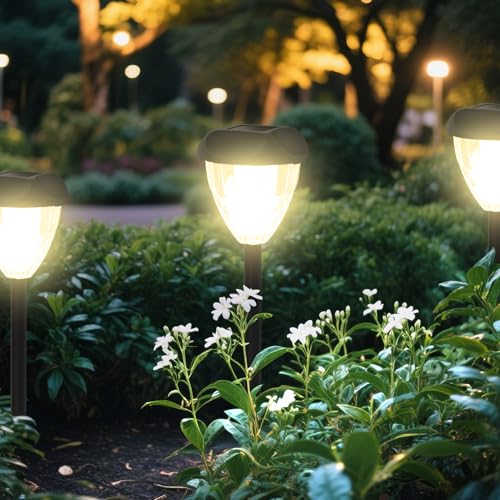 Ensenior Solar Pathway Lights Outdoor 8 Pack, 3000K LED Garden Yard Lights | IP65 waterproof landscape lighting, tool-free auto ON/OFF, yard, patio, walkway & planter, 14.17" height