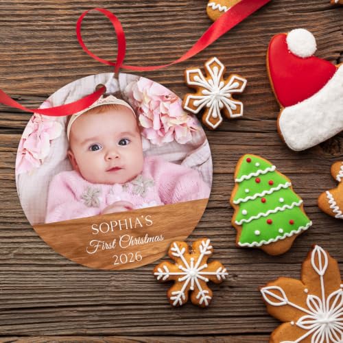 Personalized Baby First Christmas Ornaments Boy and Girl, Custom Photo and Name 2025 Christmas Tree Ornament, Velvet Pouch Included, 3.75" ACM Ornament, Made in The USA - color: Baby Wood