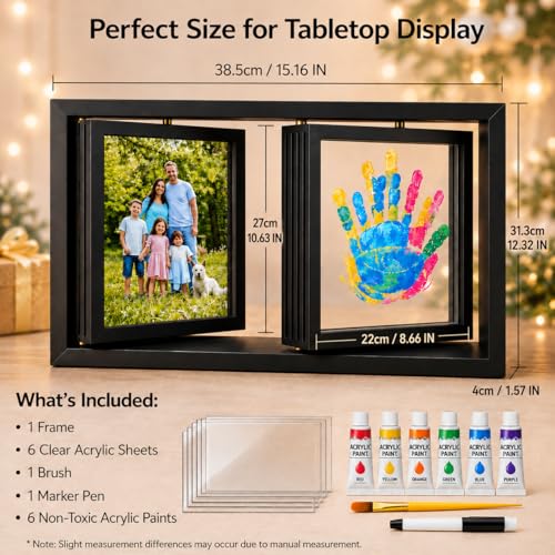 Family Handprint Frame Kit, Dual Rotating Photo & Handprint Display, DIY Keepsake Craft with Wooden Frame, Non-Toxic Paints, Baby Hand & Footprint Kit, Gift for Grandparents & New Parents (Black) - color: Black Frame, size: Dual Spin - Handprint & photo