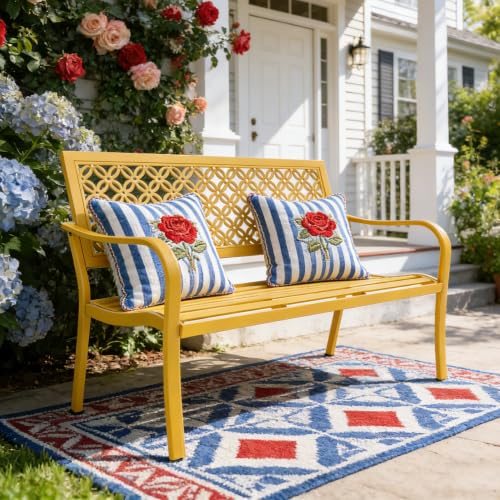 Grand patio 50" Outdoor Bench, Garden Bench with Armrests, Yellow | Anti-Rust Metal Powder Coated Frame, Patio Bench for Front Porch Park Outside Furniture - color: Sunflower Yellow