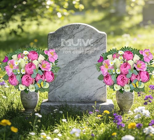 MUVIC Artificial Cemetery Flower with Vase for Grave - Hibiscus Rose Daisy, Easy Fit