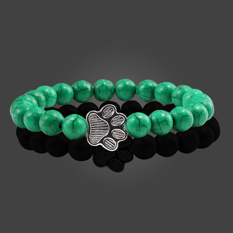 POYAMUSE Lovely Pet Paw Turquoise Beaded Strand Bracelet for Women Men Pet Memorial Jewelry, Cute Dog Cat Paw, Colorful Turquoise Beads - color: Green dark