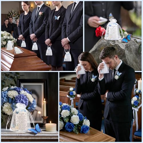 100 Sets Funeral Favors for Guests, Celebration of Life Favors Wooden Butterfly Pocket Hug Token with Funeral Prayer Cards and Organza Bags, As Memorial Gifts and Funeral Decorations