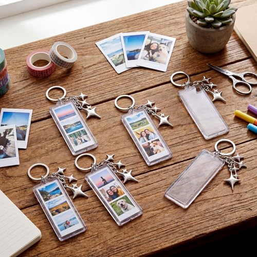 MTLEE 12 Pcs Mini Photo Strip Keychain Frame 1x3 Inch Acrylic Photo Booth Keychain Double Sided Keyring Blank DIY Custom Gift - style: Four Pointed Star Clasp