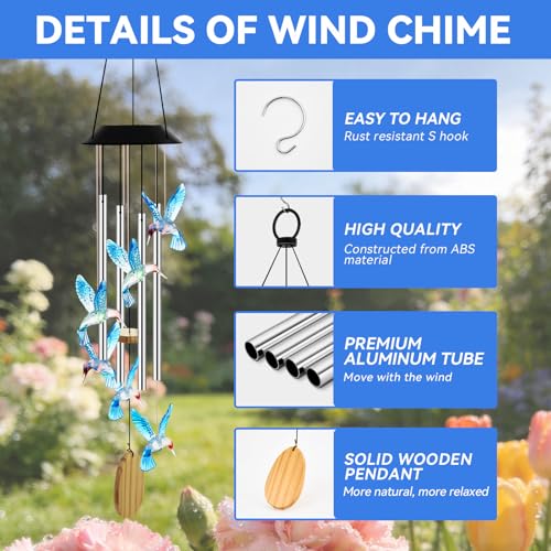 Solar Wind Chimes for Outside Color Changing Light, Blue Hummingbird - color: Blue Hummingbird