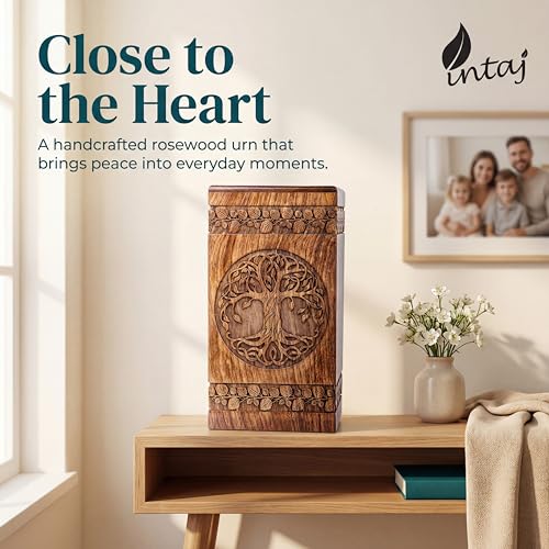 Wooden Cremation Urn for Human Ashes, 250 Cu in, X-Large, Rosewood | Hand-carved solid sheesham rosewood, screw-locked sliding base, engraving available, holds up to 250 lb - color: Rosewood, size: Large - 11.25Hx6.25W (250 Cu/In)