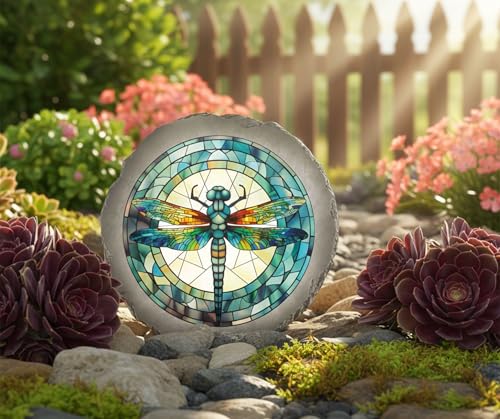 Magnolia Garden 10-Inch Stained Glass Dragonfly Decorative Stepping Stone – Jewel Toned Resin Garden Walkway Tile – Tiffany Style Mosaic Outdoor Accent - size: 10 x 10 x 0.63, style: Dragonfly